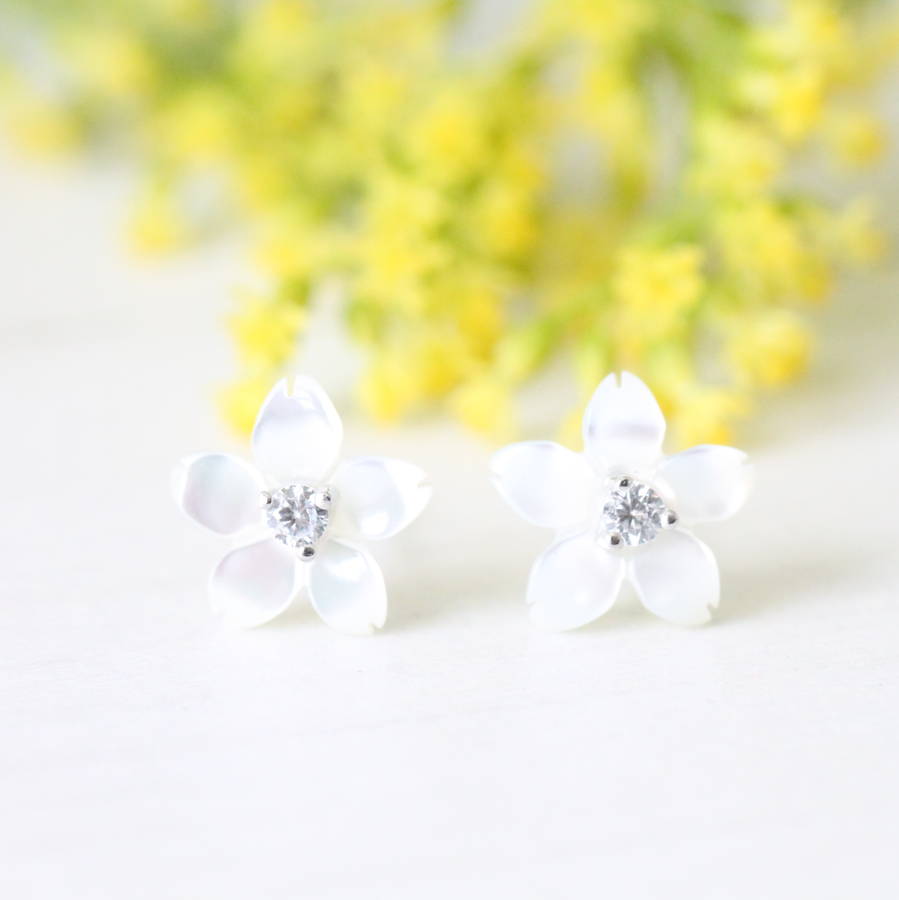 silver mother of pearl apple blossom ear studs by attic ...