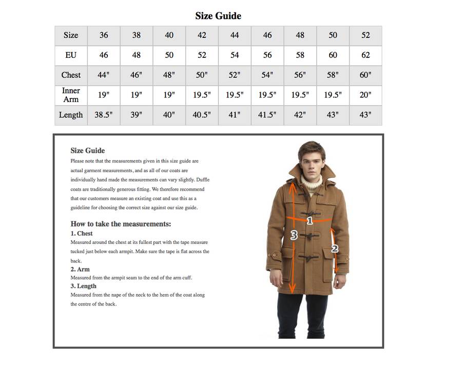 Montgomery Duffle Coat Size Guide - Coat Nj