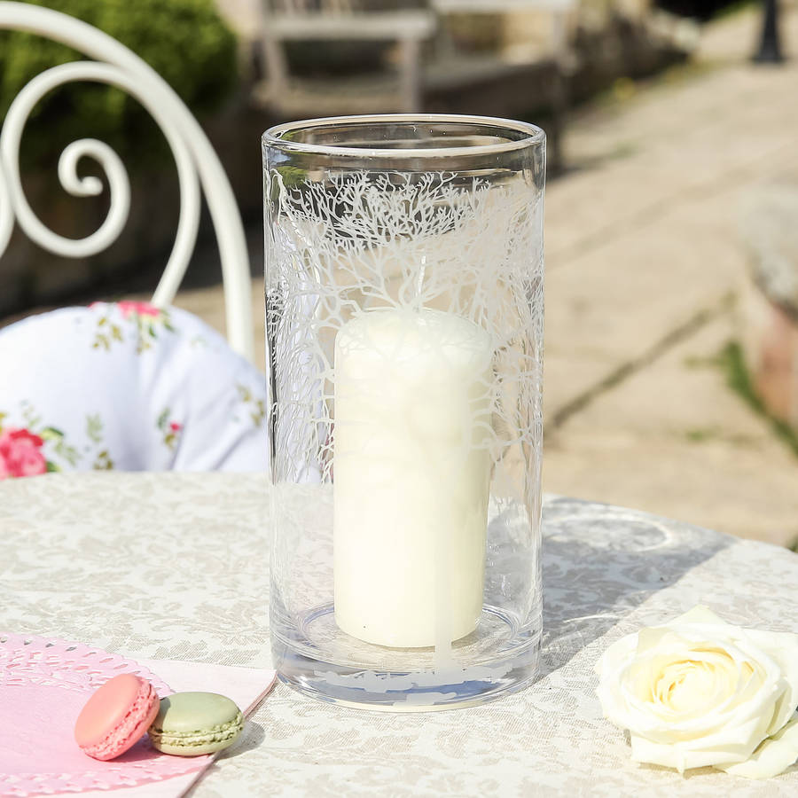glass tree etched hurricane candle holder by dibor