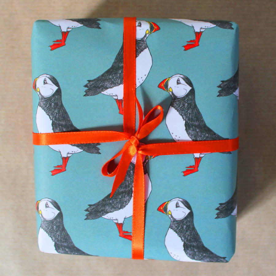 Luxury Green Puffin Gift Wrap And Card Set By martha and hepsie