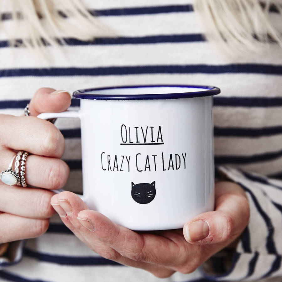 Personalised Cat Lady Enamel Mug, 1 of 2