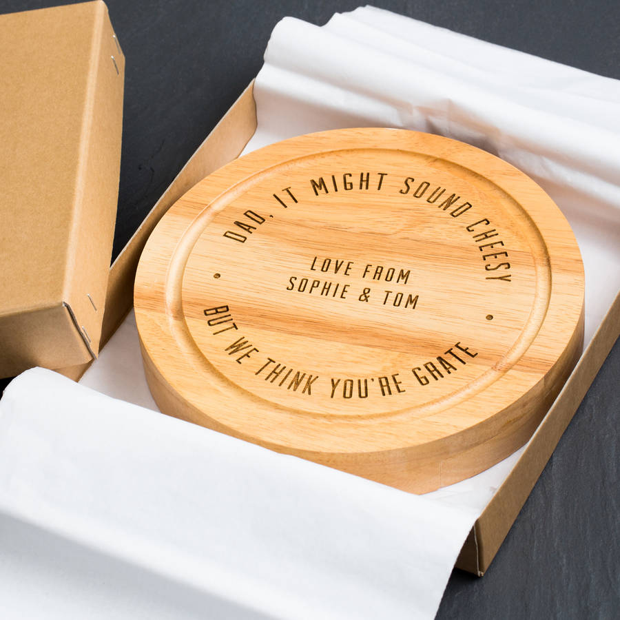 personalised 'you're grate' design pun cheese board set by dust and