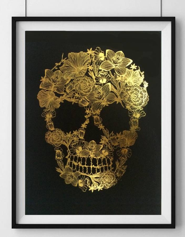 flower skull, gold framed art print by palm valley ...