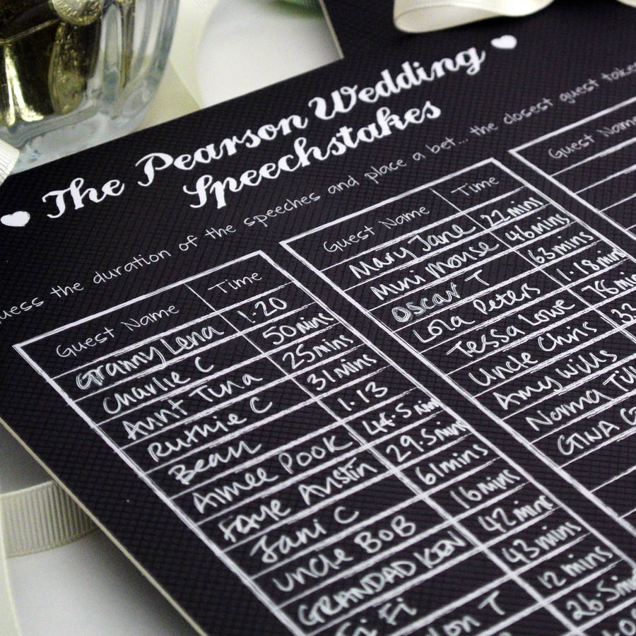 original personalised wedding speech sweepstakes board