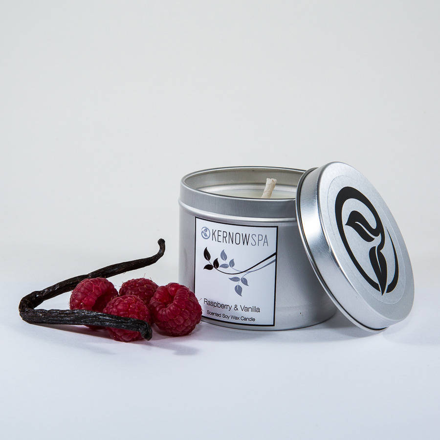 raspberry and vanilla scented soy wax candle tin by kernowspa