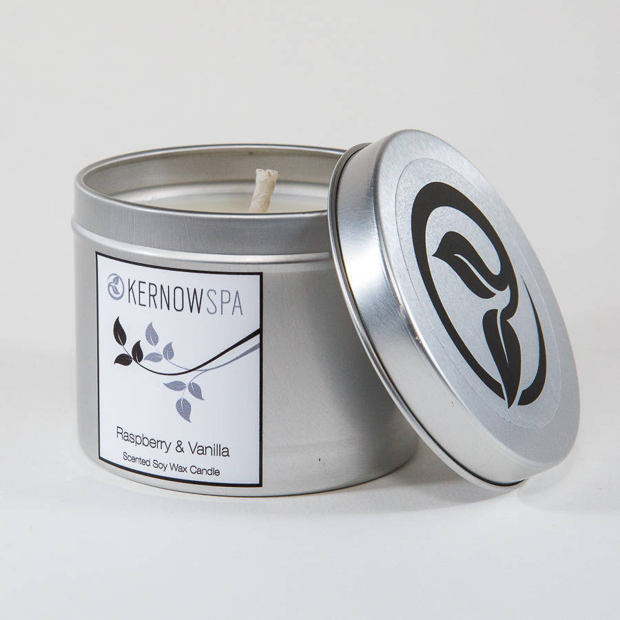 raspberry and vanilla scented soy wax candle tin by kernowspa
