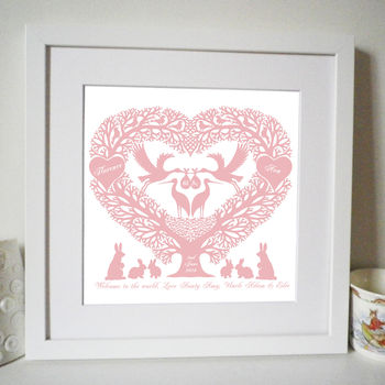 Personalised Baby Or Christening Stork Tree Heart Print, 2 of 9