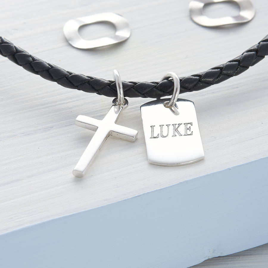 Personalised Silver Cross And Mini Tag Leather Necklace, 1 of 6