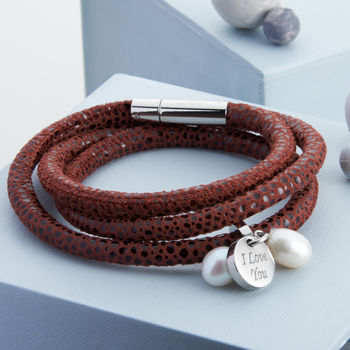 Personalised Leather And Pearl Triple Wrap Bracelet, 3 of 8
