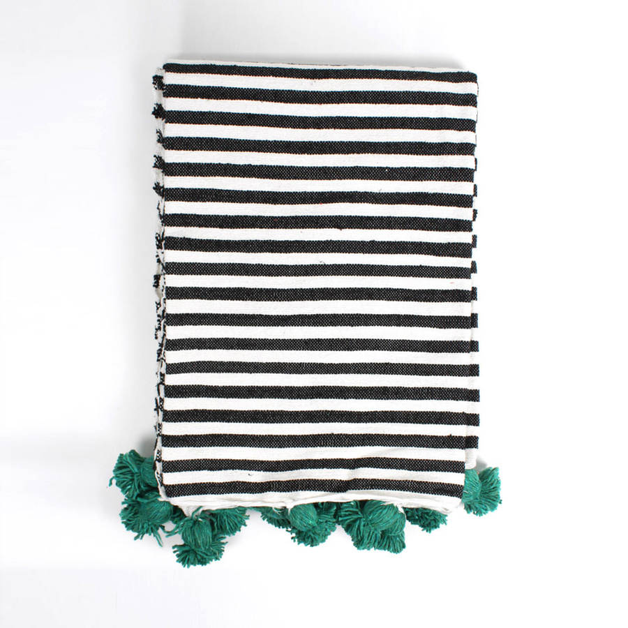 Handwoven Cotton Stripe Pom Pom Blanket, Green Poms By Bohemia ...