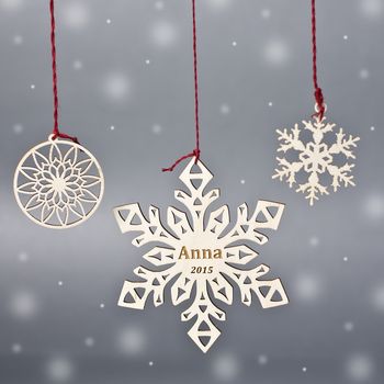 Set Of Three Personalised Wooden Snowflake Decorations, 2 of 3