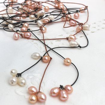 Pink Pearl And Black Leather Lariat Necklace, 2 of 2