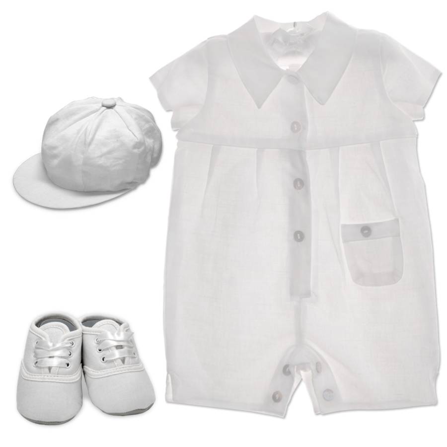 baby boy collared linen christening romper by chateau de sable