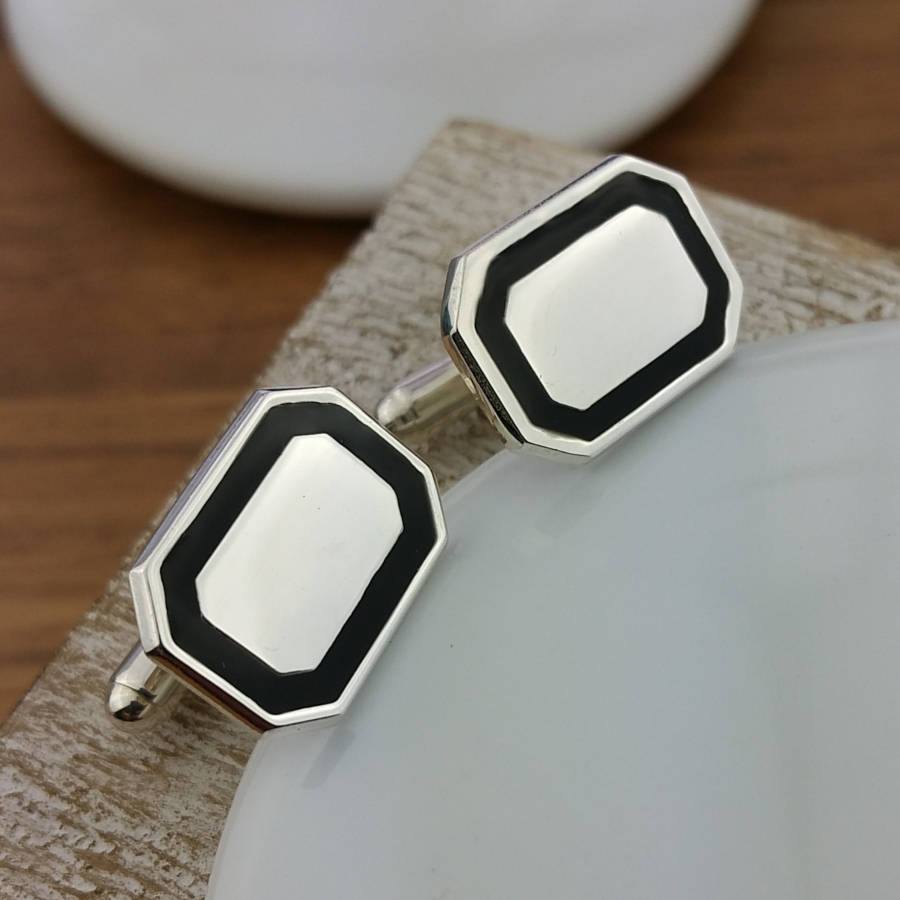 Image of Silver And Black Enamel Cufflinks, Silver