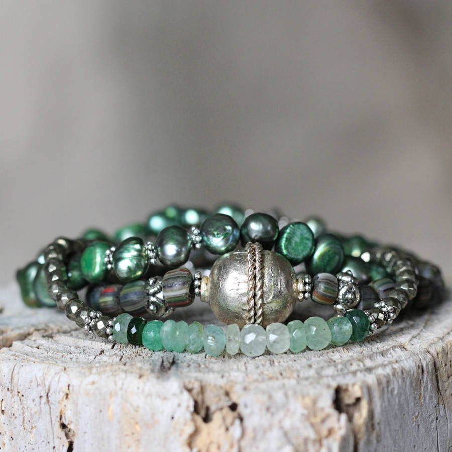 Emerald And Pearl Stacking Bracelets By Artique Boutique