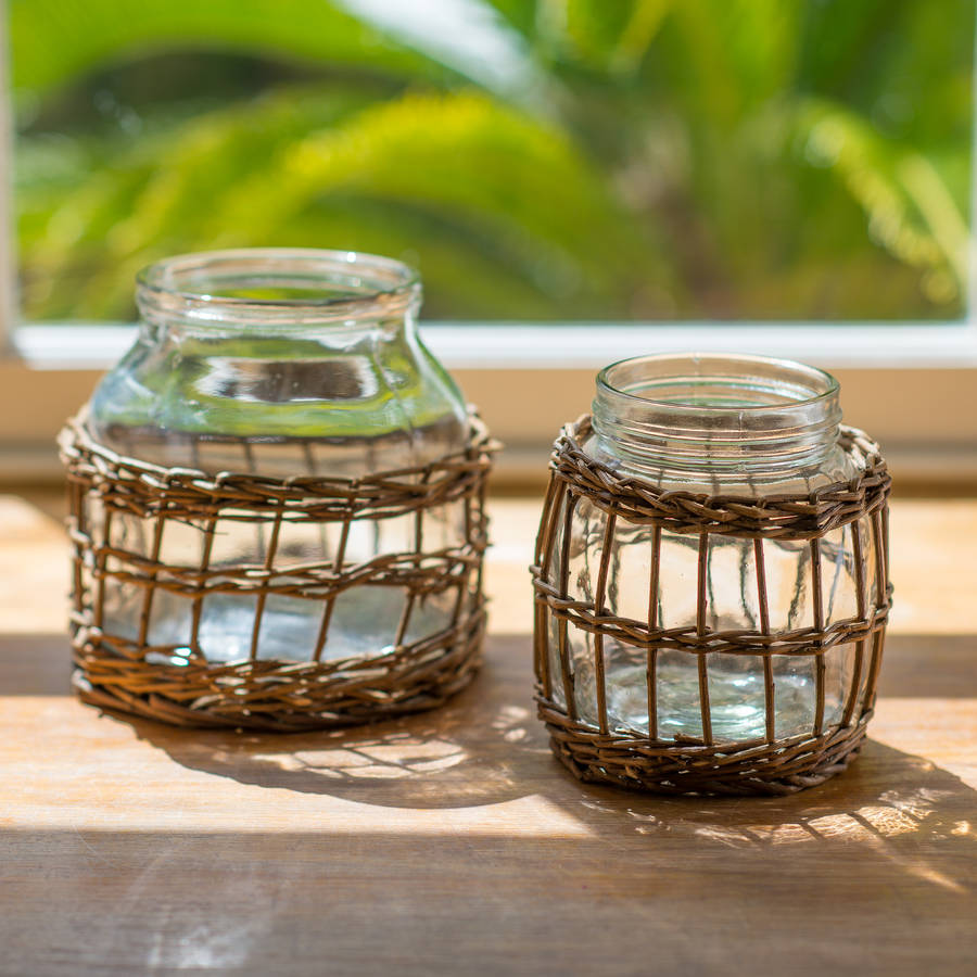 country wicker basket glass flower vase by the flower studio