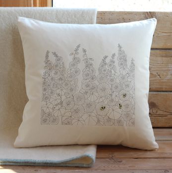 Hollyhocks And Bumble Bees Cushion Cover, 3 of 4