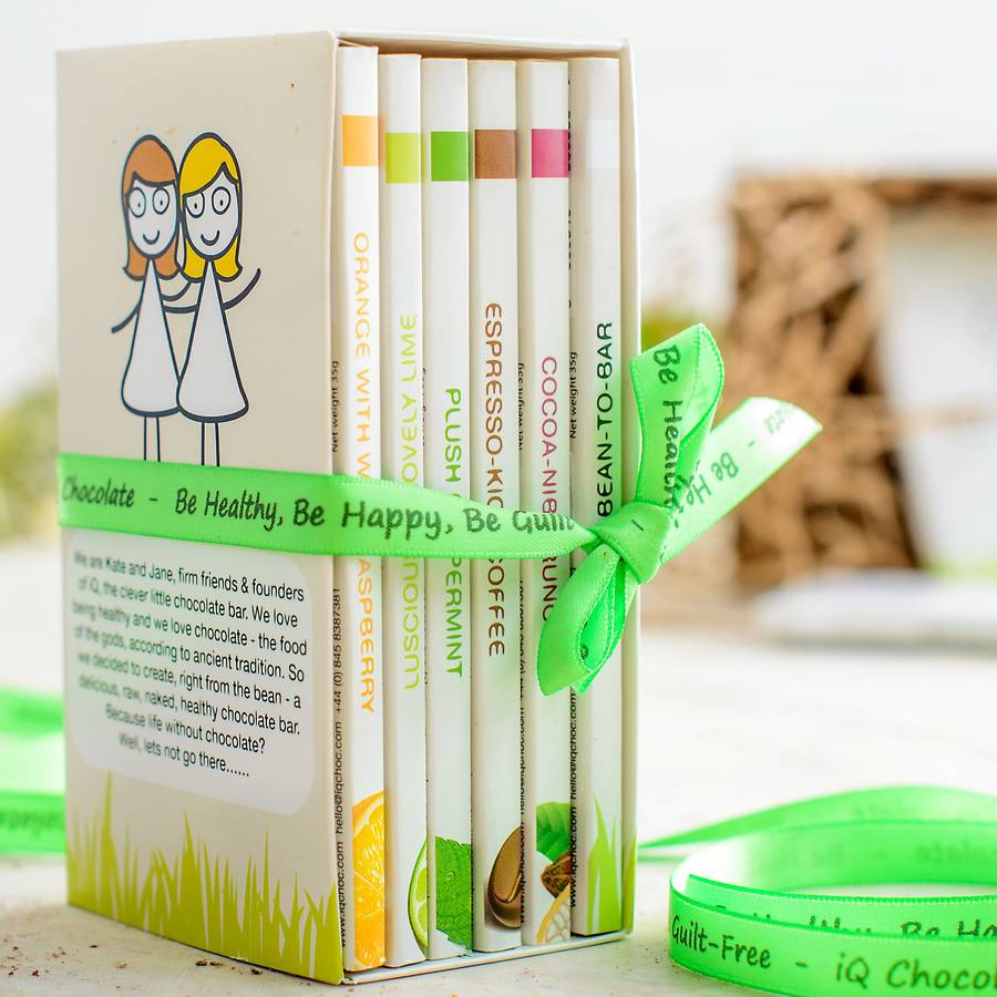 gift pack of six organic chocolate bars by iq chocolate