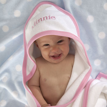 Personalised Hooded Baby Towel With Pink Or Blue Trim, 5 of 11