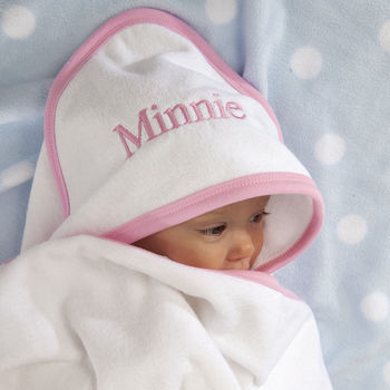 Personalised Hooded Baby Towel With Pink Or Blue Trim, 2 of 11