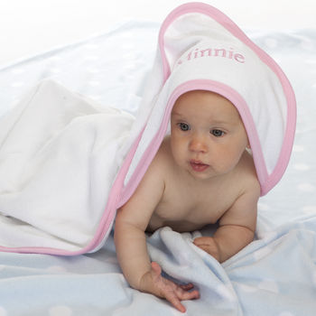 Personalised Hooded Baby Towel With Pink Or Blue Trim, 4 of 11