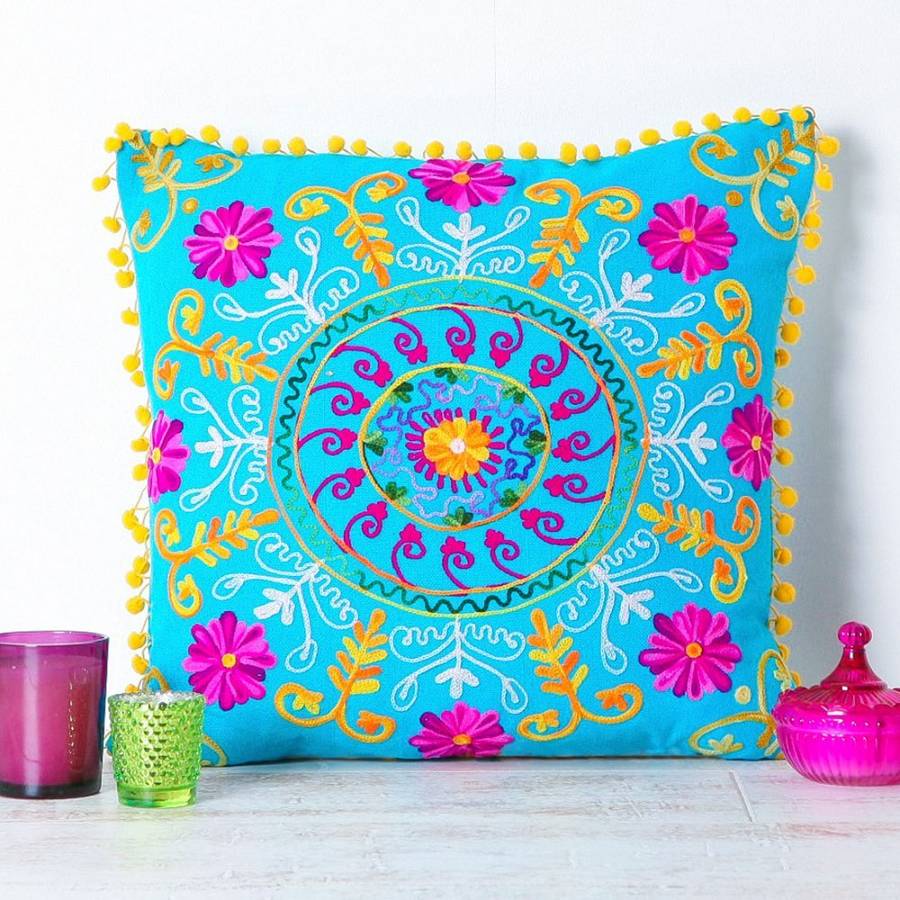 handmade embroidered turquoise and pink cushion by all things brighton