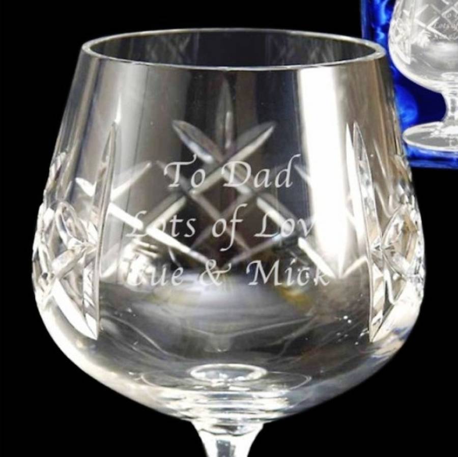 Pair Of Personalised Crystal Brandy Glasses In Gift Box By British and