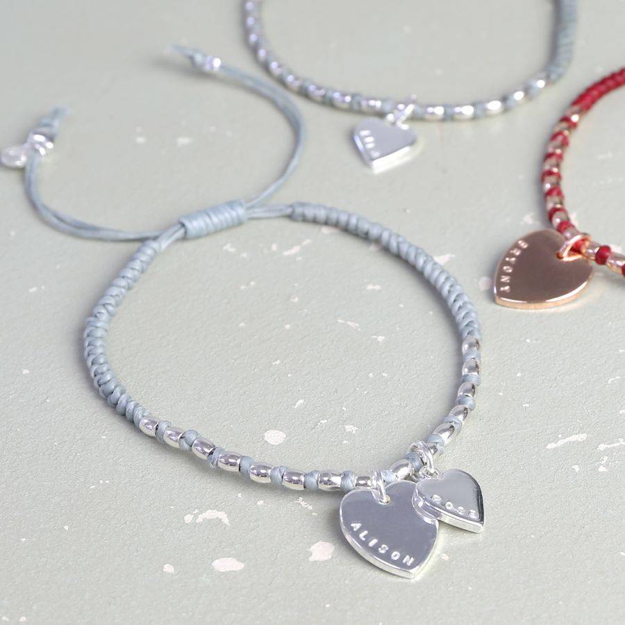 personalised double heart waxed cord bracelet by lisa angel