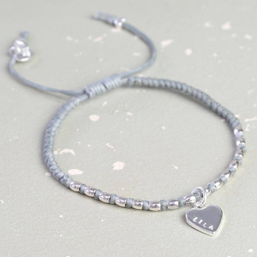 Personalised Double Heart Waxed Cord Bracelet By Lisa Angel Grey Silver Single Small Heart