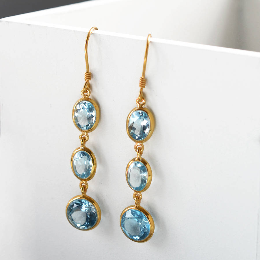 gold long blue topaz oval earrings by martha jackson sterling silver