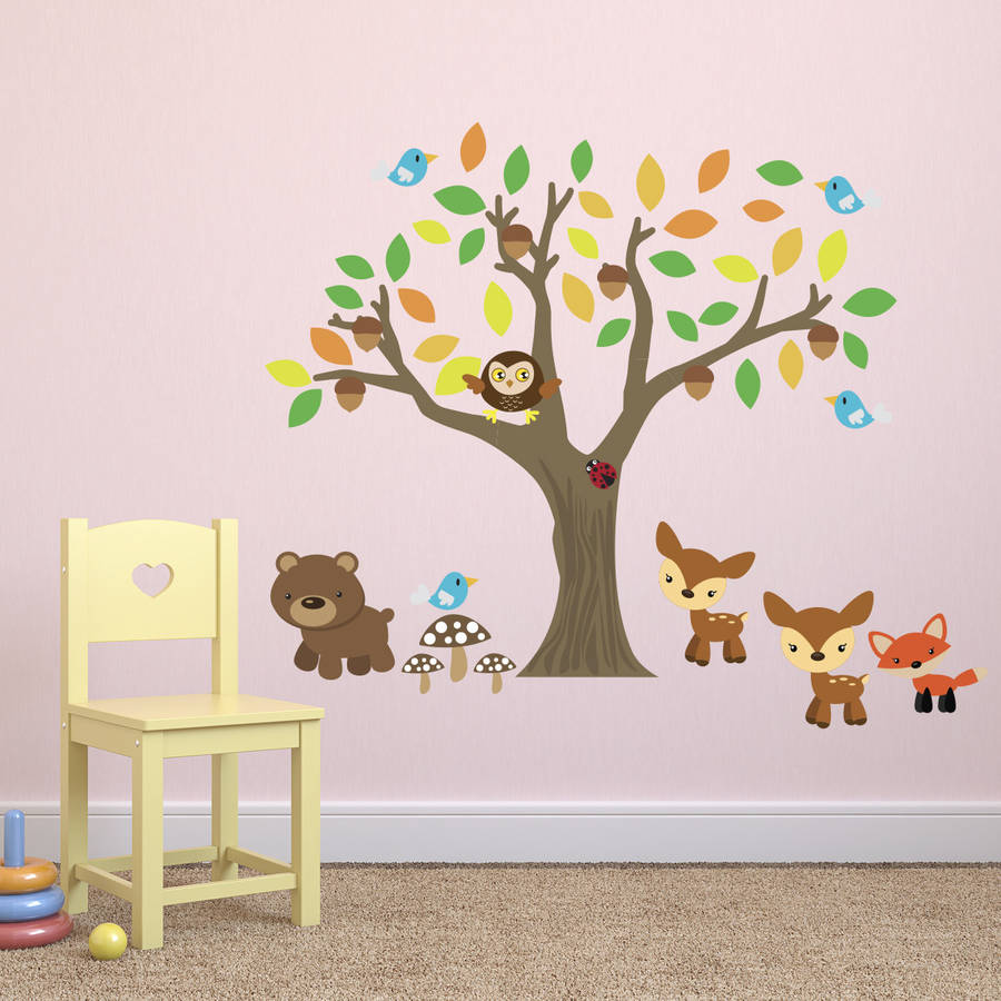 Autumn Tree With Woodland Animals Wall Sticker By Mirrorin