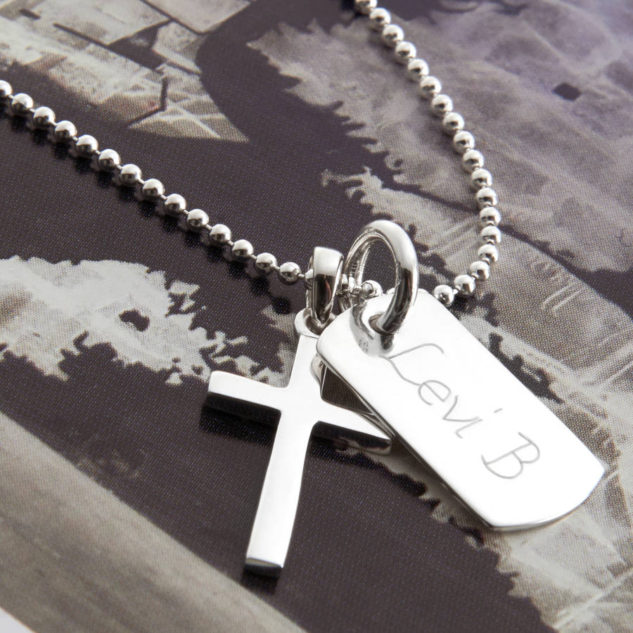 Personalised Silver Cross And Mini Dogtag Necklace, 1 of 7