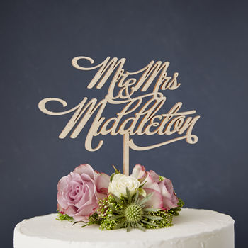 Personalised Mr And Mrs Elegant Wooden Cake Topper, 2 of 4