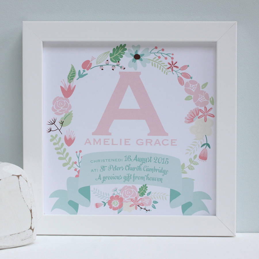 personalised christening framed name print by birdyhome