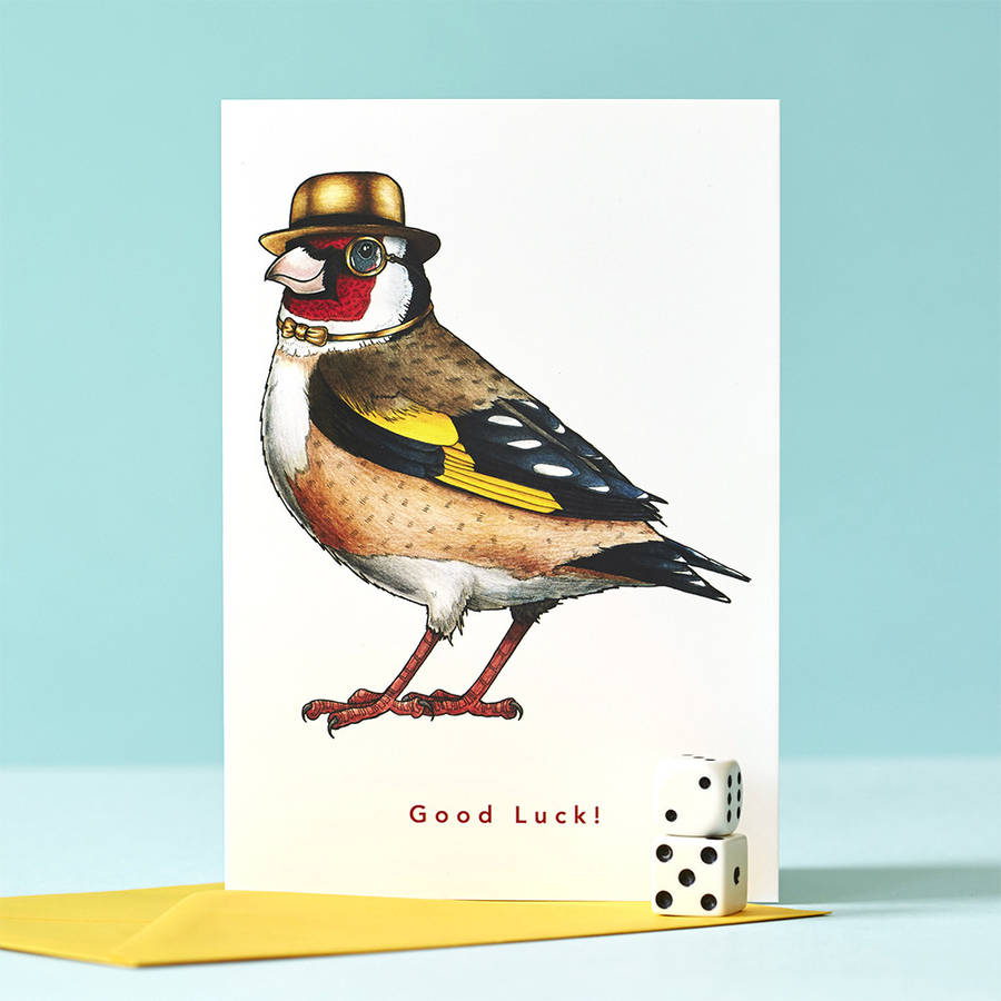 'good luck!' goldfinch in a gold bowler card by birds in hats