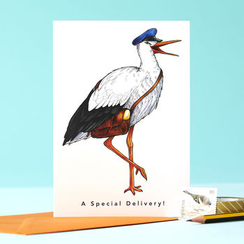 'A Special Delivery' Stork In A Postman's Cap Card, 2 of 3