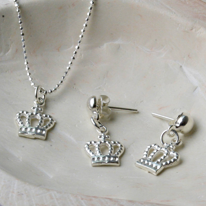 Sterling Silver Crown Necklace And Crown Stud Earrings By Tales From