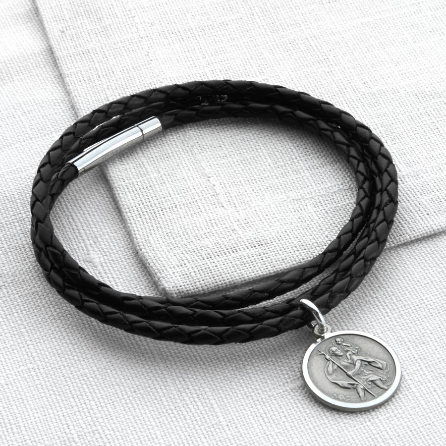 Plaited Leather And Silver St Christopher Wrap Bracelet, 1 of 8