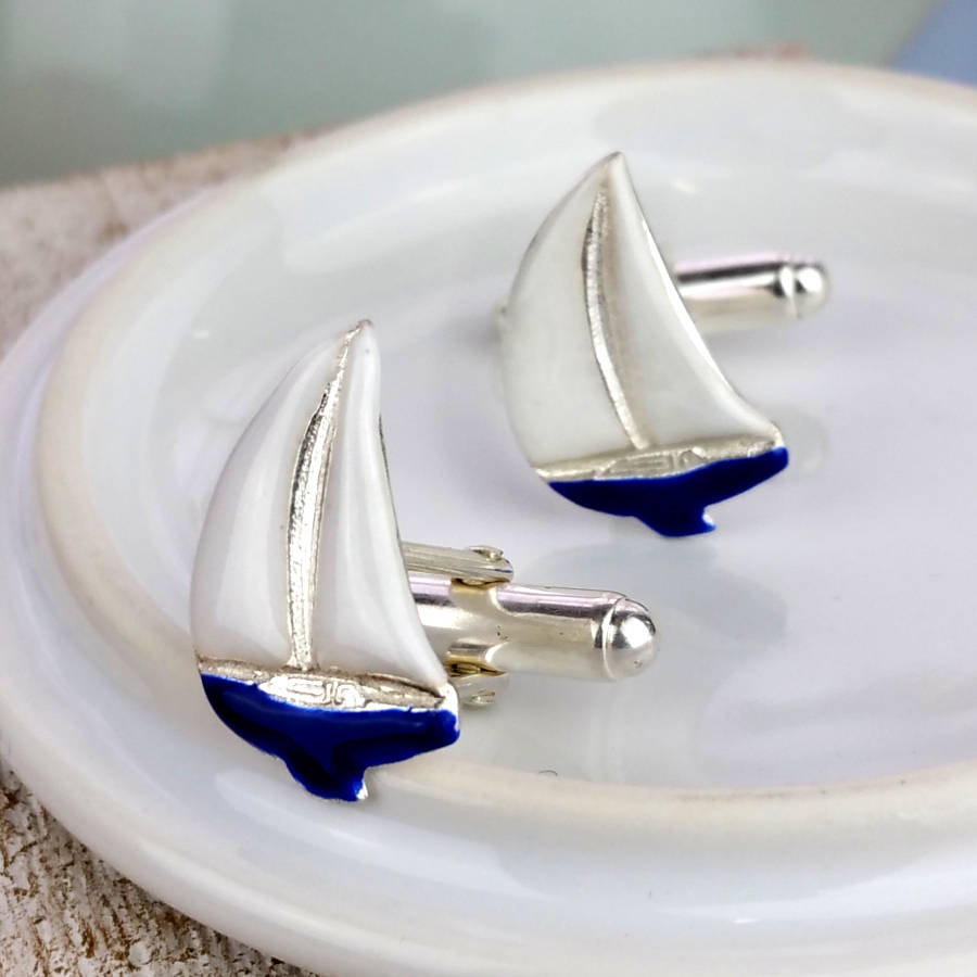 Image of Enamelled Sterling Silver Sailing Boat Cufflinks, Silver