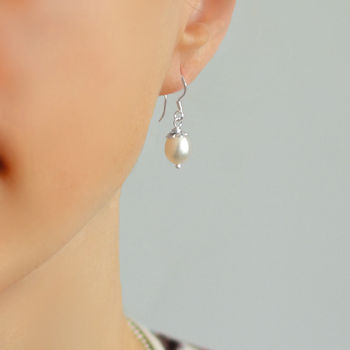 Sterling Silver Dew Drop Pearl Dangly Earrings, 2 of 4