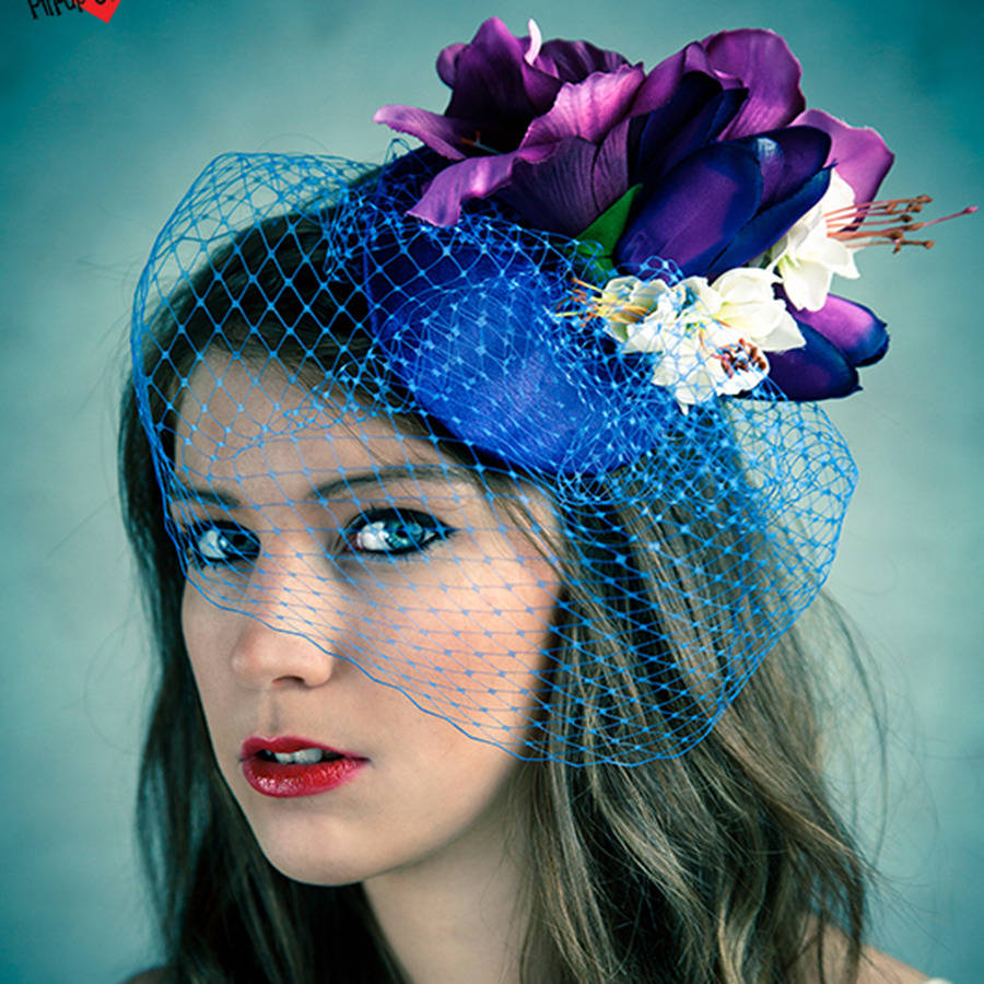 Vintage Style Floral Fascinator With Blue Veil, 1 of 3