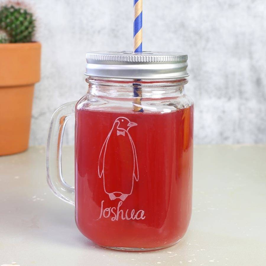 Personalised Mason Drinking Jar With Engraved Penguin By Lisa Angel