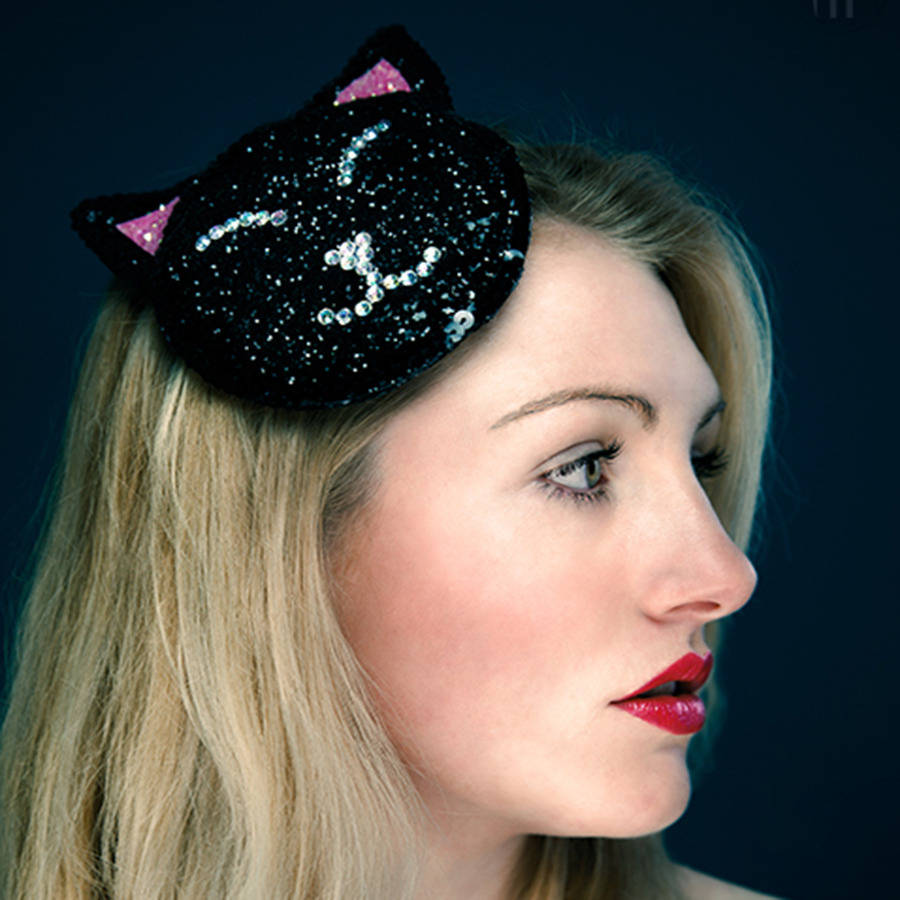 glitter black cat fascinator with crystals by gg's pinup couture