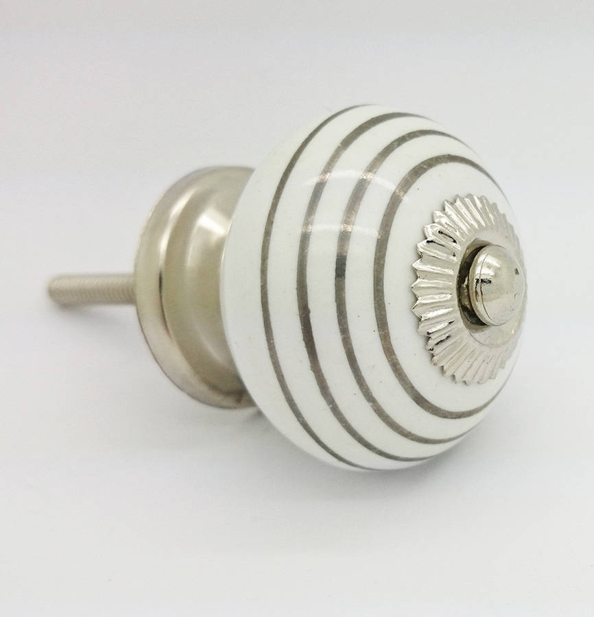 silver striped on white cupboard door knob handle by g decor