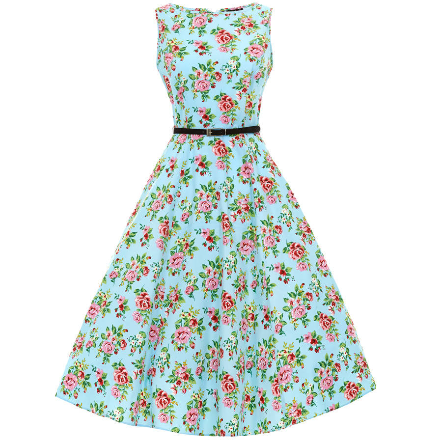 1950s Vintage Style Summer Blue Floral Hepburn Dress By Lady Vintage ...