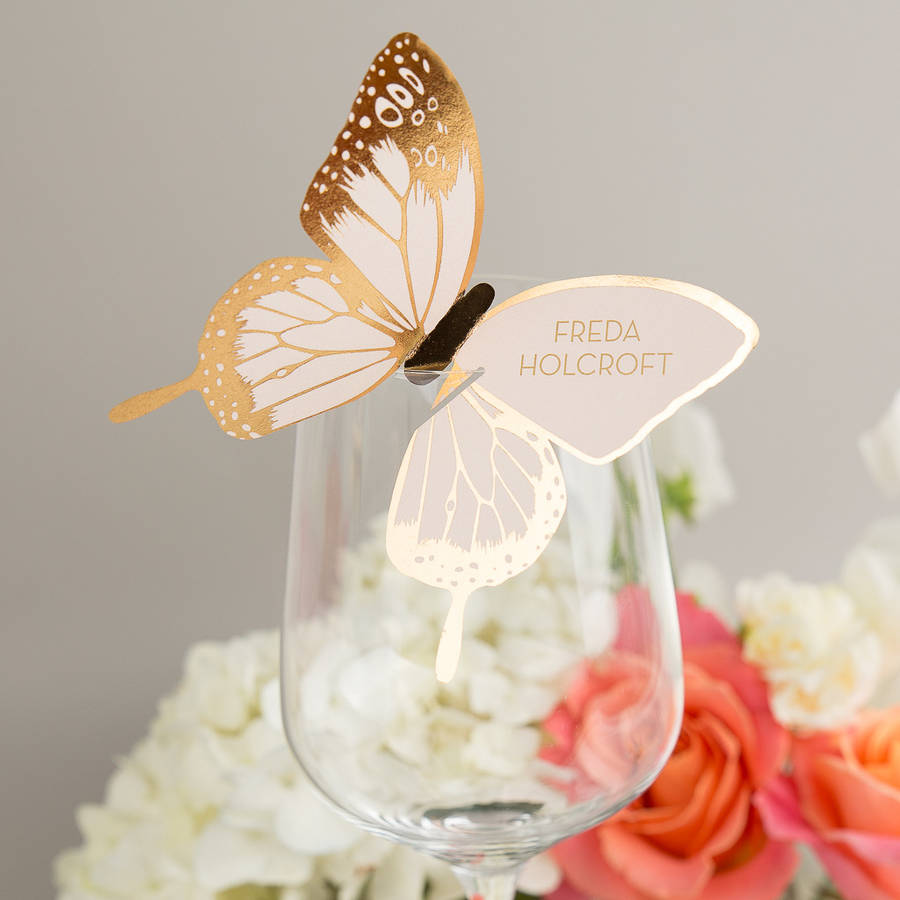 Metallic Foiled Butterfly Wine Glass Place Cards. X 10, 1 of 3