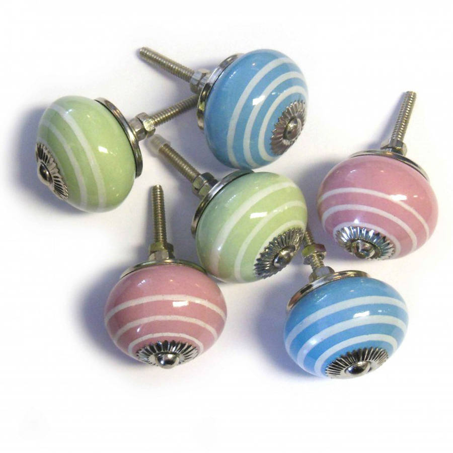 set of six mixed ceramic cupboard knobs blue pink green by pushka home