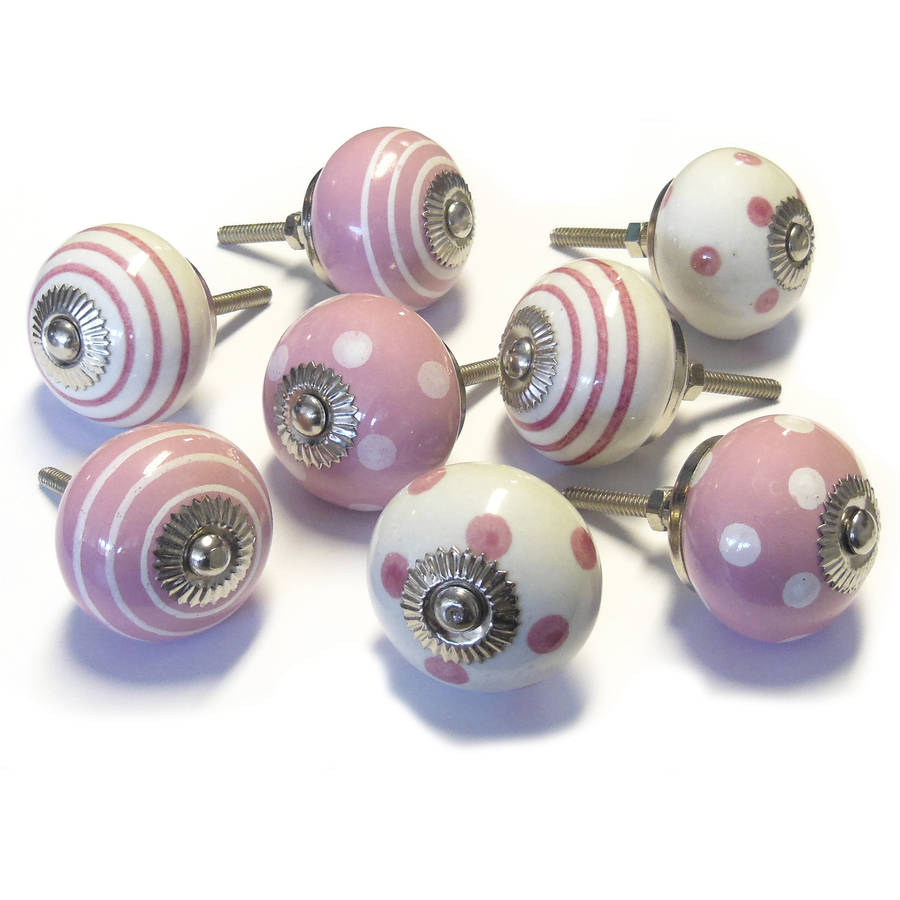 Set Of Eight Pink And White Ceramic Cupboard Door Knobs By Pushka Home