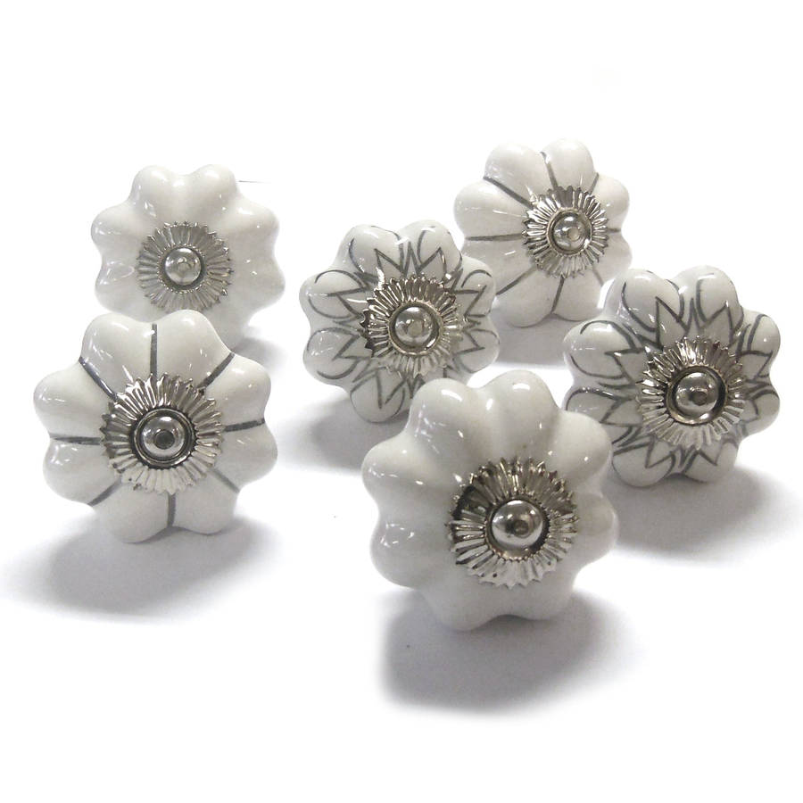 White And Silver Vintage Set Of Six Cupboard Door Knobs By Pushka Home
