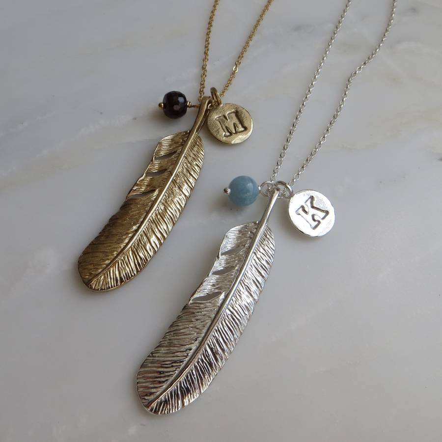 sterling silver feather birthstone and initial necklace by gracie